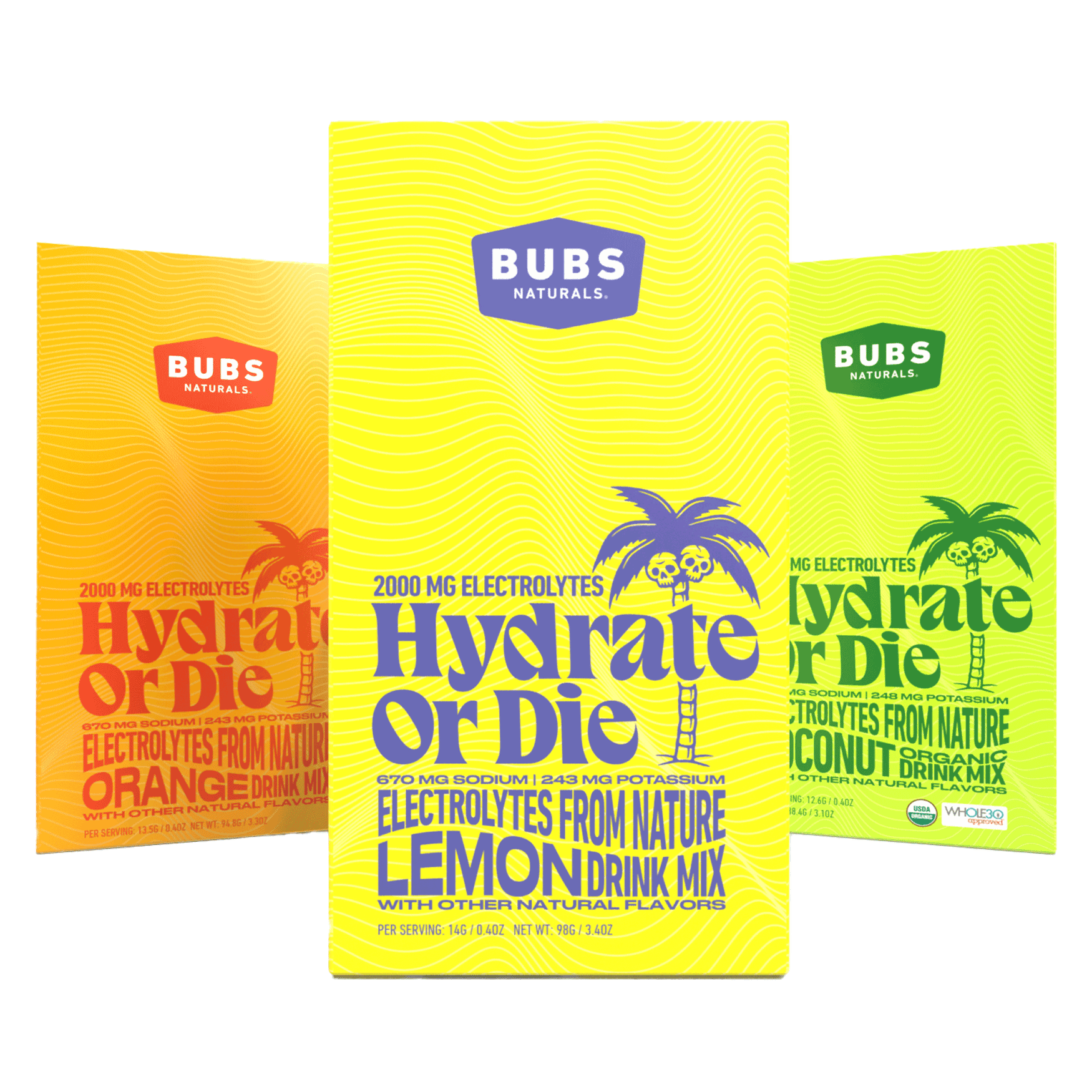 BUBS Naturals Hydrate or Die Electrolyte Cartons, Lemon, Orange, Coconut