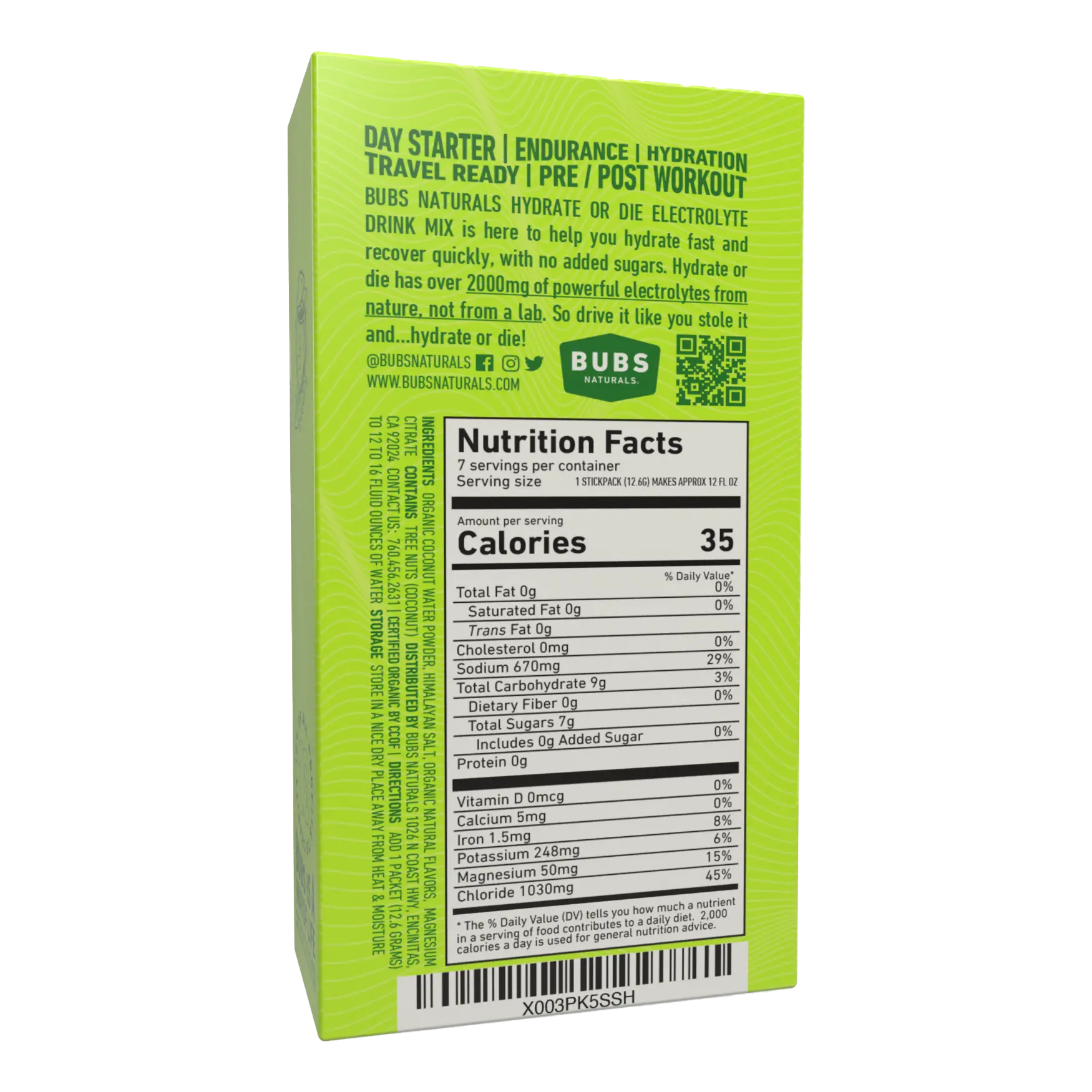 BUBS Naturals Hydrate Electrolyte or Die Cartons, Coconut Back Label