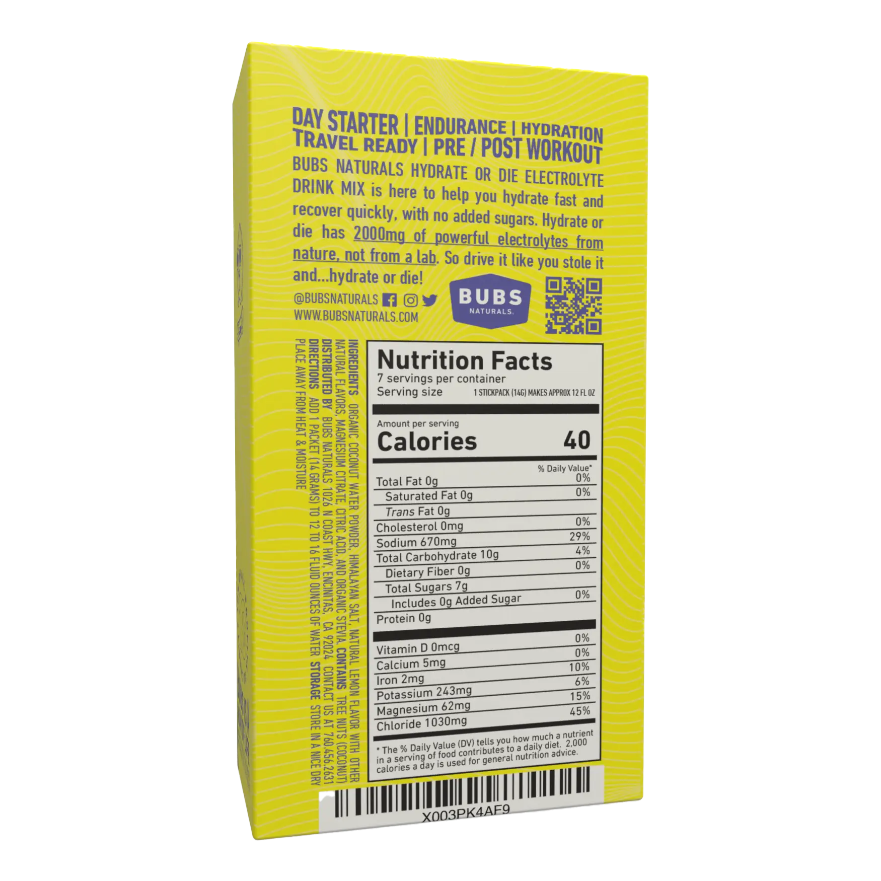 BUBS Naturals Hydrate or Die Electrolyte Cartons, Lemon Back