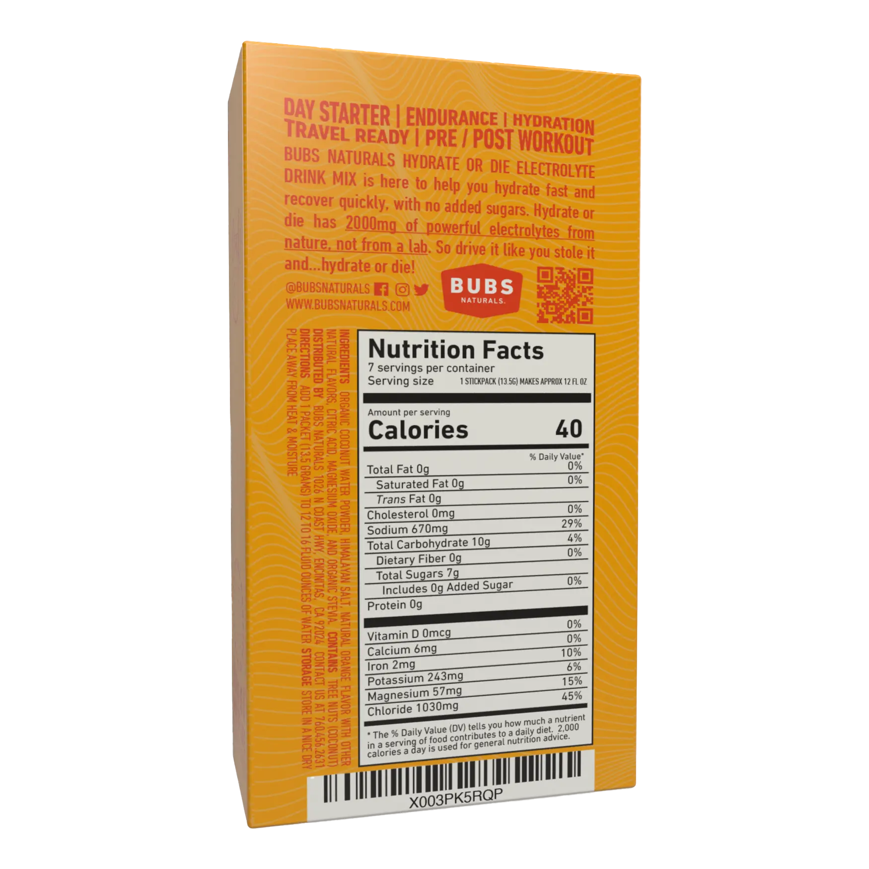 BUBS Naturals Hydrate or Die Electrolyte Cartons, Orange Back