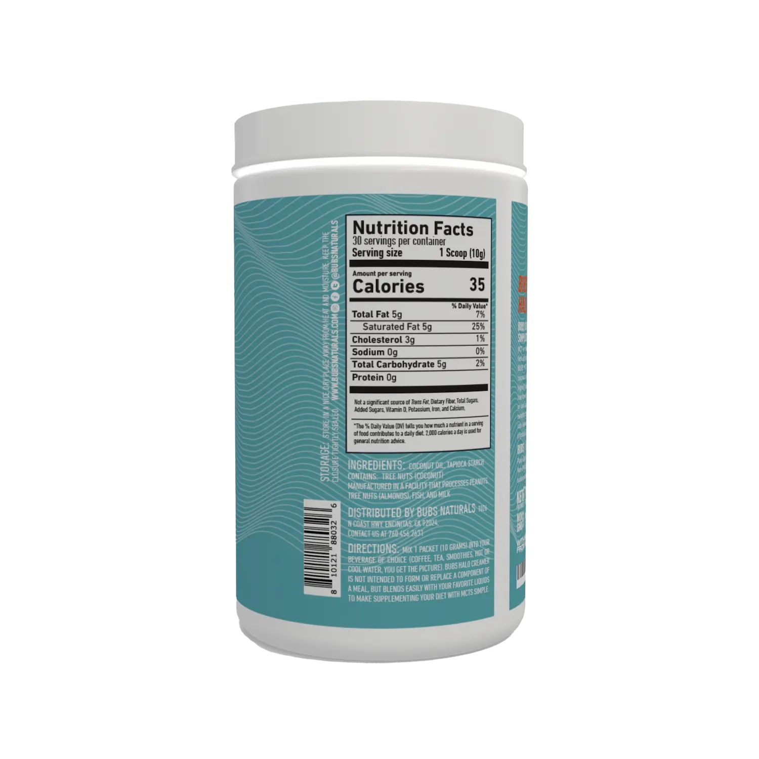 BUBS Naturals MCT Oil Powder, Vegan Halo Functional Creamer, 10oz tub, back label