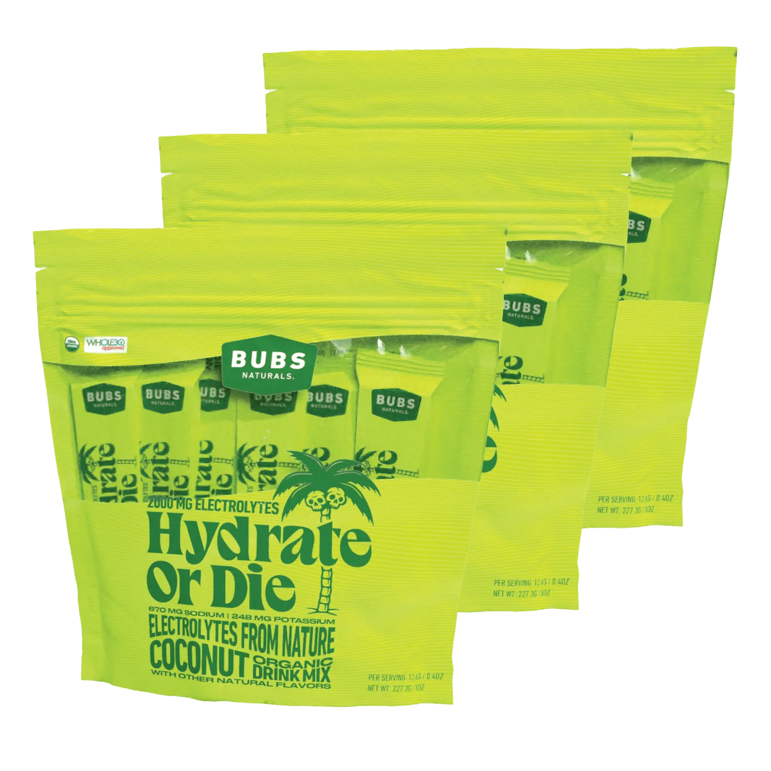 BUBS Naturals Hydrate or Die, 18 count bag, Natural Electrolytes, coconut, bundle of 3