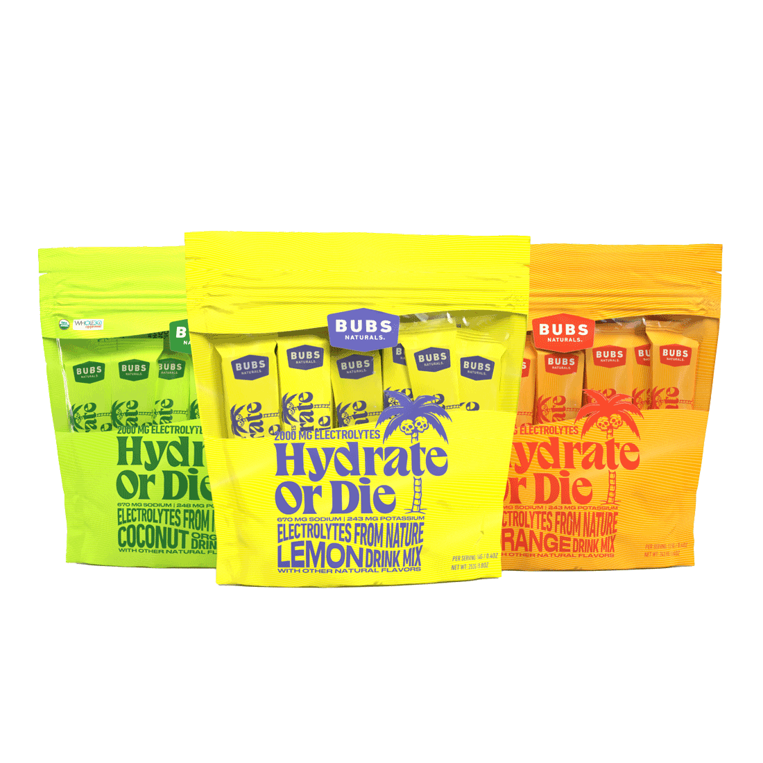BUBS Naturals Hydrate or Die, 18 count bag,  Natural Electrolytes, Orange, Lemon, Coconut, Front