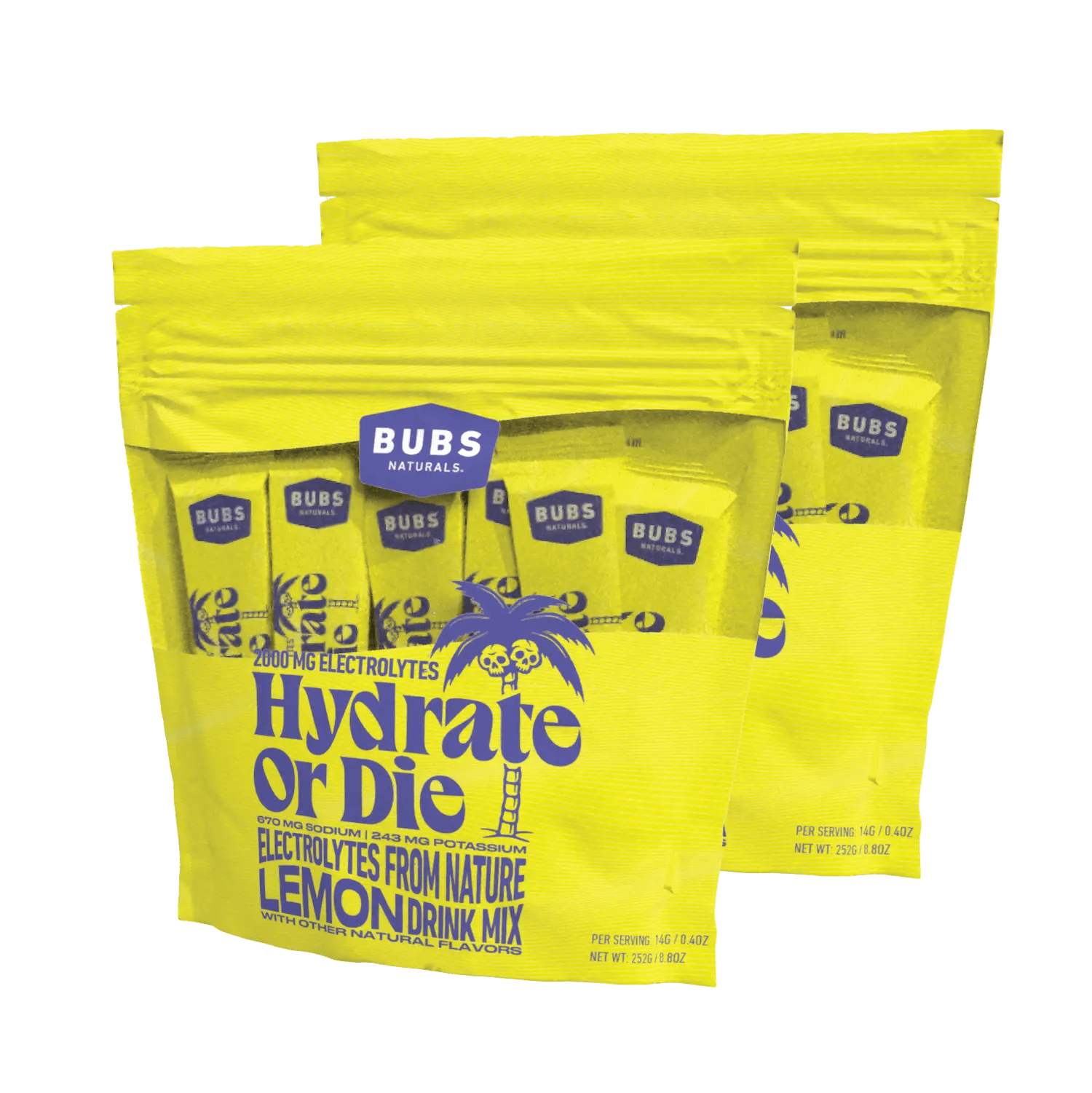 BUBS Naturals Hydrate or Die, 18 count bag, Natural Electrolytes, Lemon, bundle of 2