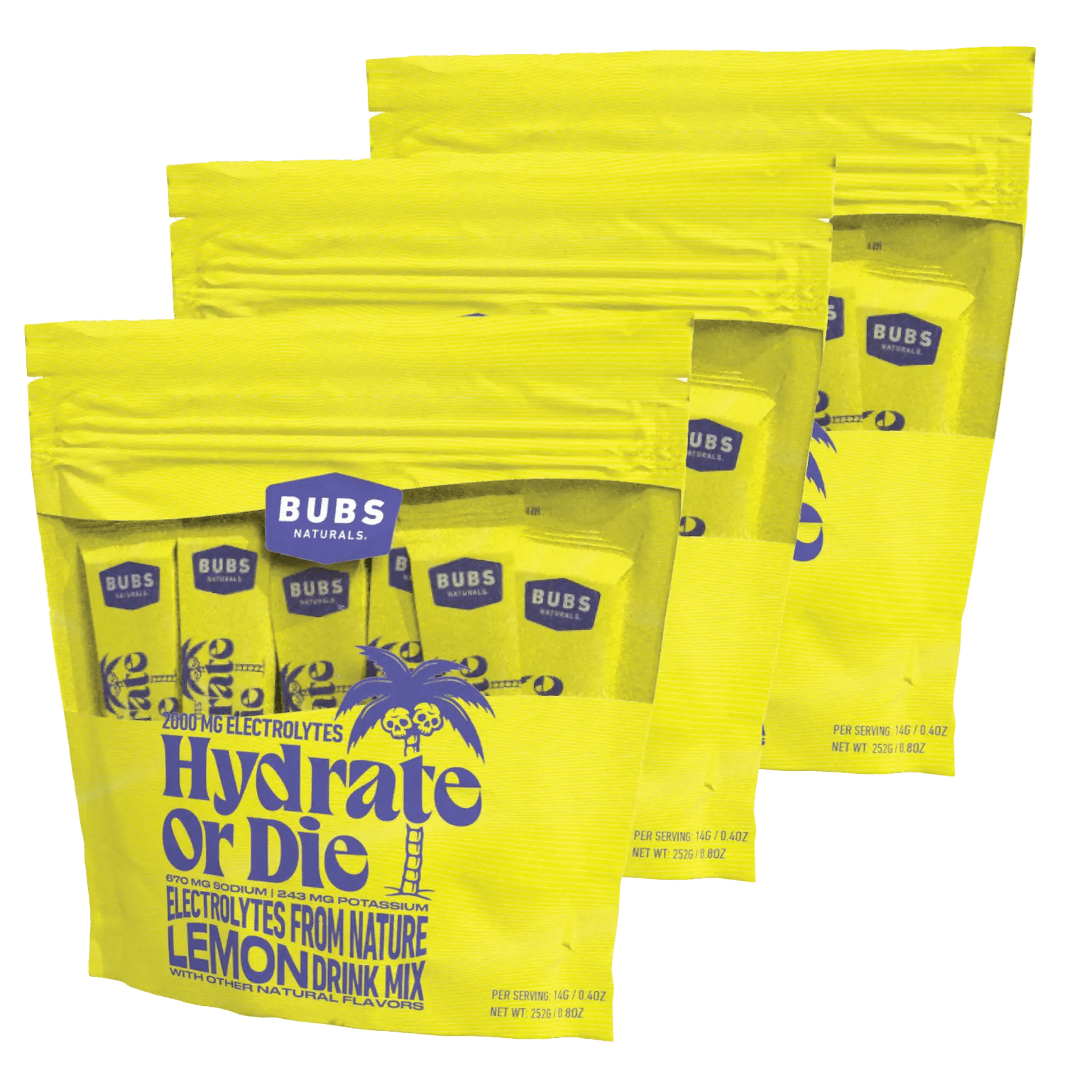 BUBS Naturals Hydrate or Die, 18 count bag, Natural Electrolytes, Lemon, bundle of 3