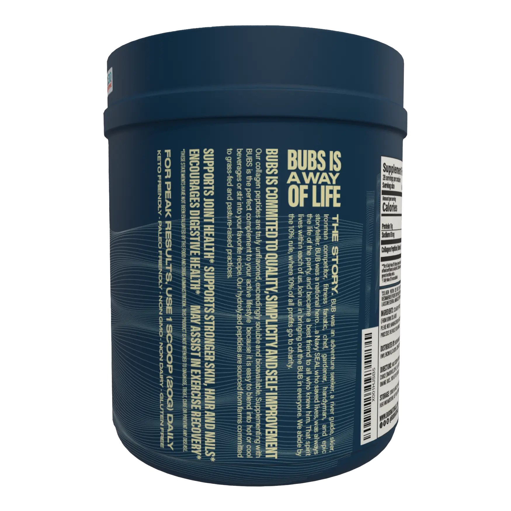 BUBS Naturals Collagen Peptides 20 oz tub, side view