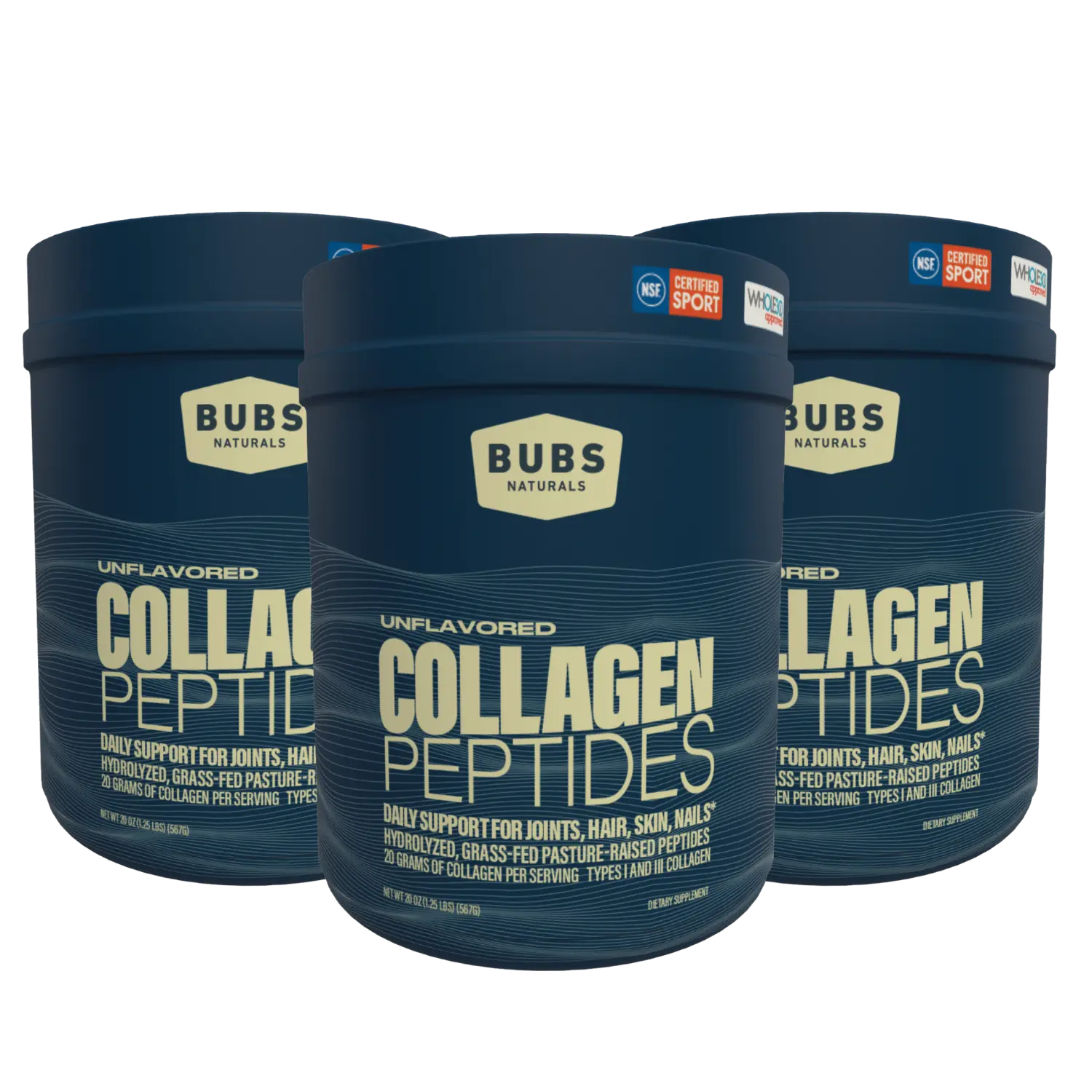 BUBS Naturals Unflavored Collagen Peptides, 20oz tub, 3 tub bundle