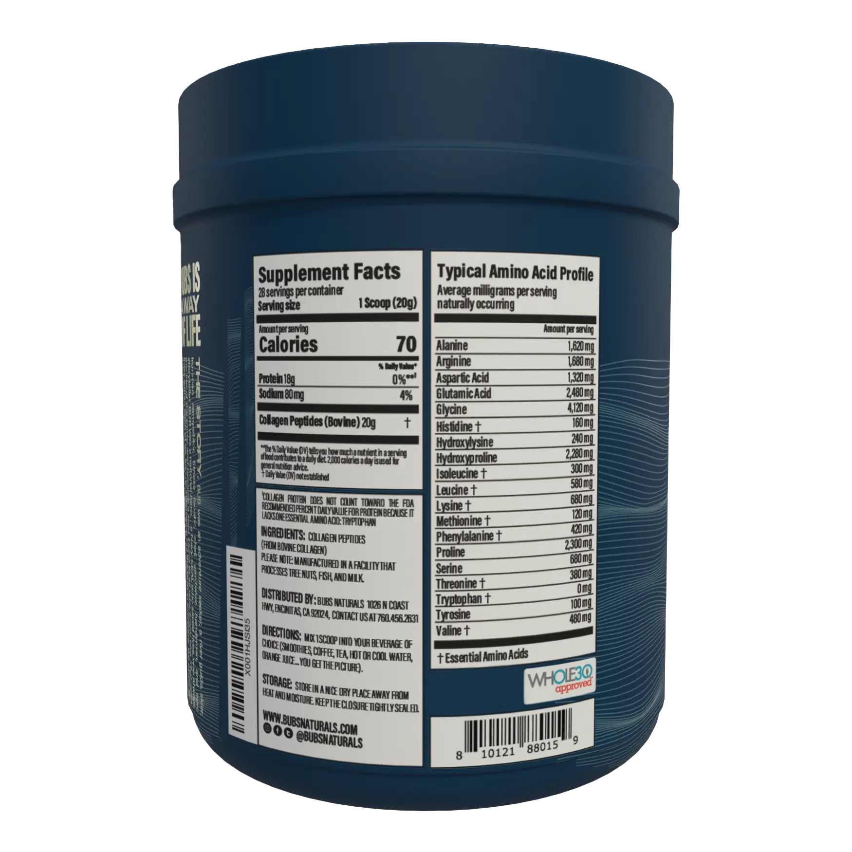 BUBS Naturals Unflavored Collagen Peptides 20 oz tub, Back Label
