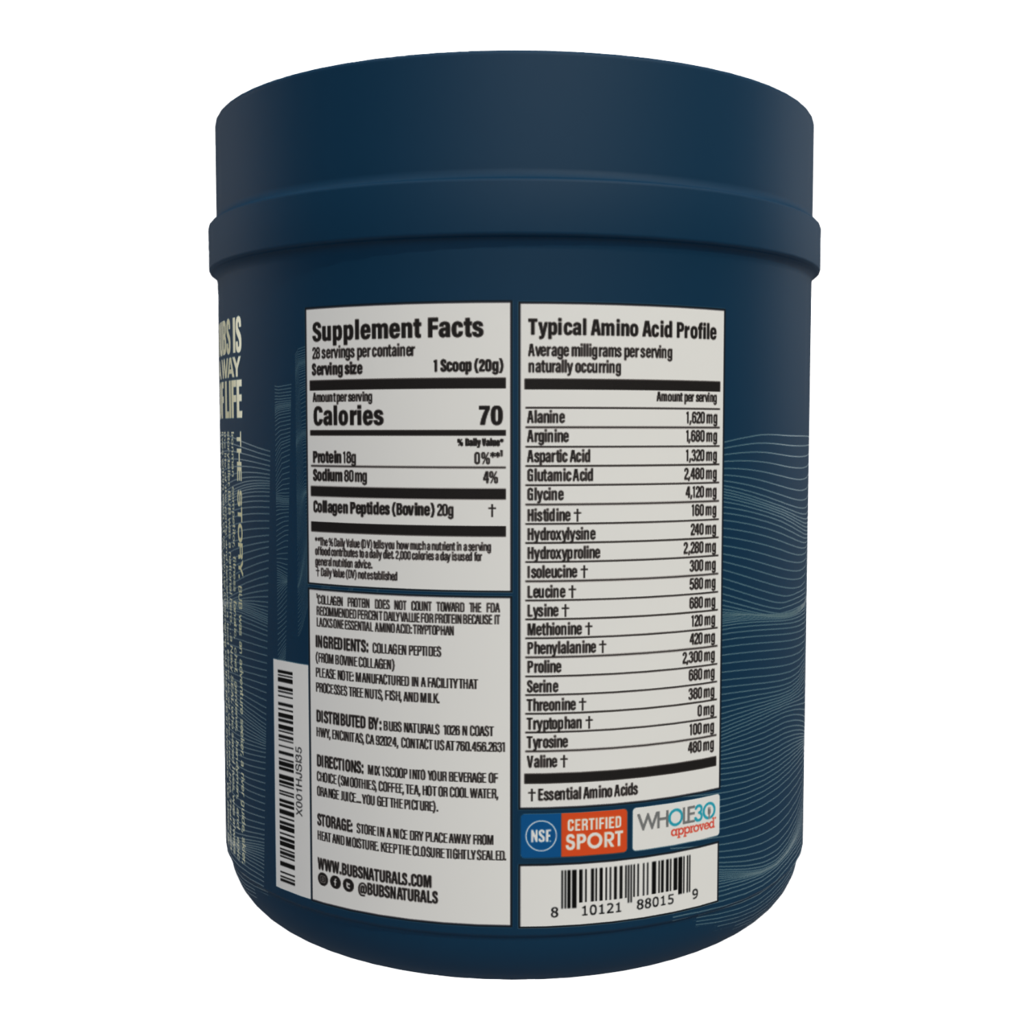 BUBS Naturals Unflavored Collagen Peptides 20 oz tub, Label