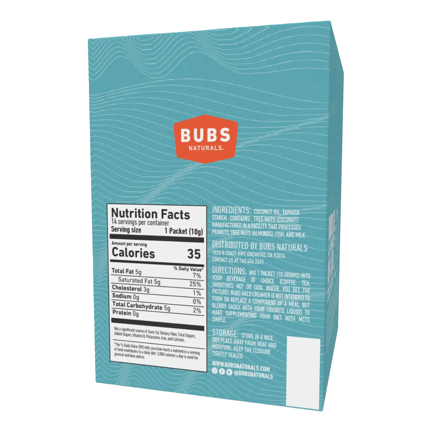BUBS Naturals MCT Oil Powder, Vegan Halo Functional Creamer, 14ct travel pack,  back label