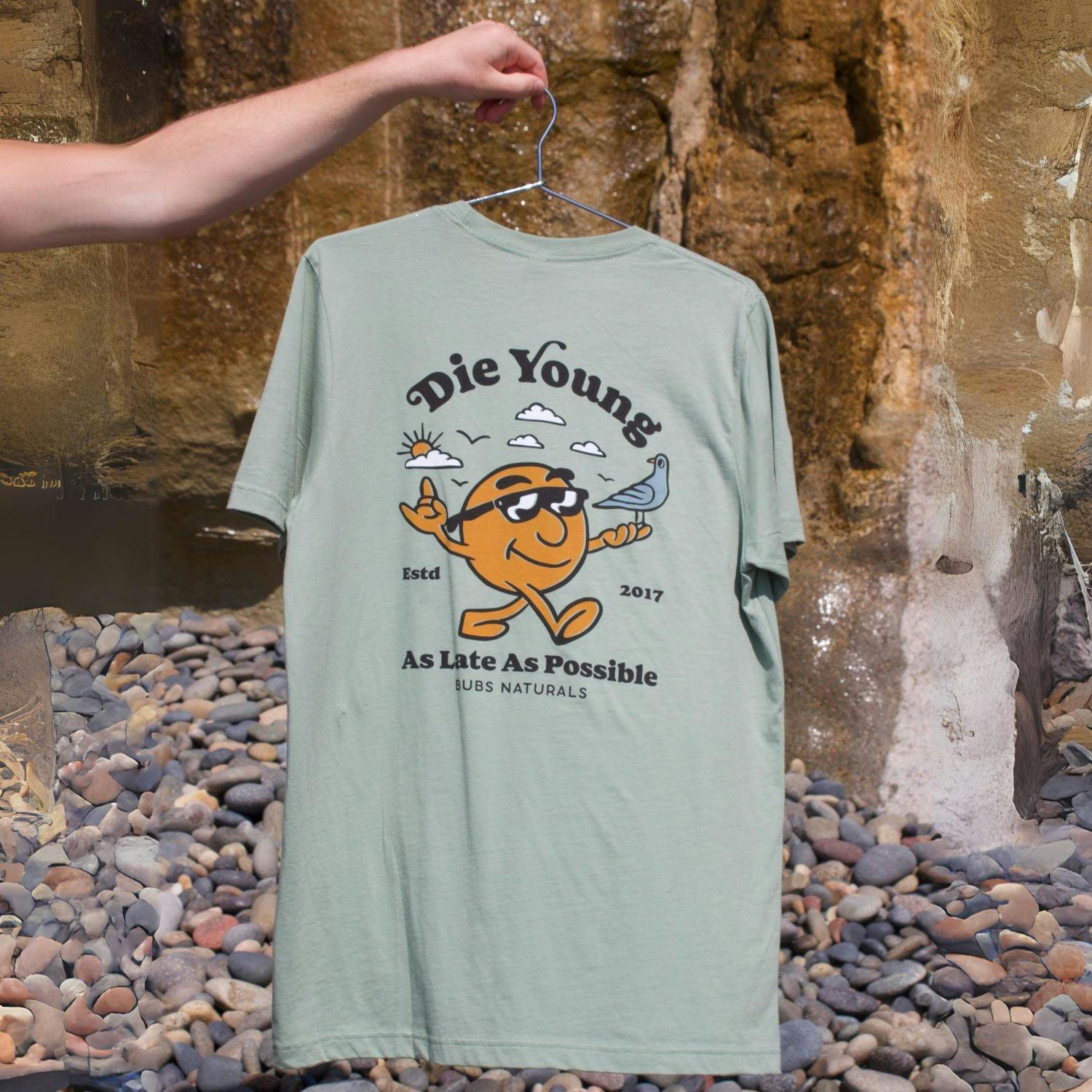 BUBS Naturals Die Young Sage T-Shirt, Back Outside