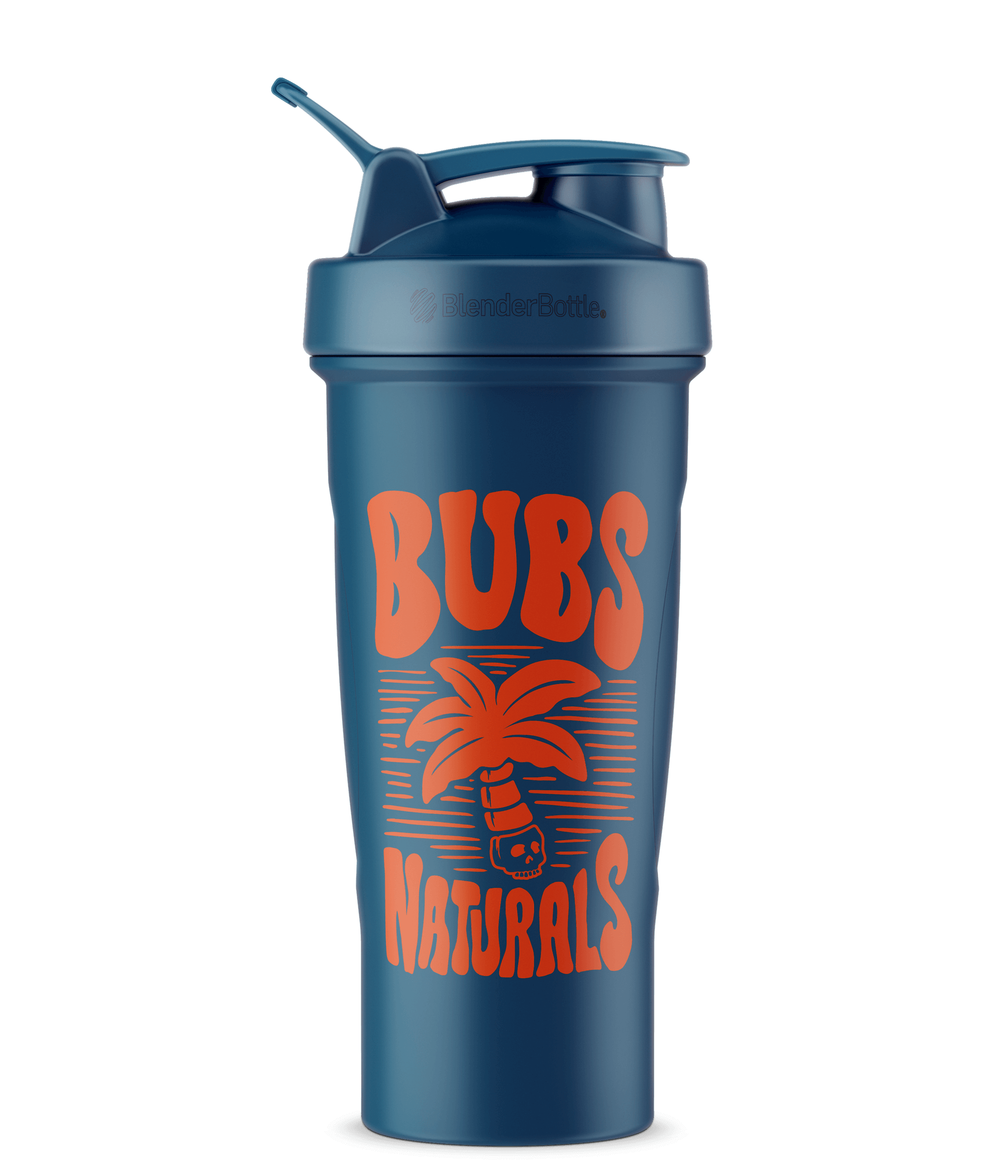 BUBS Naturals Blue Blender Bottle with Orange Skill Palm BUBS Logo
