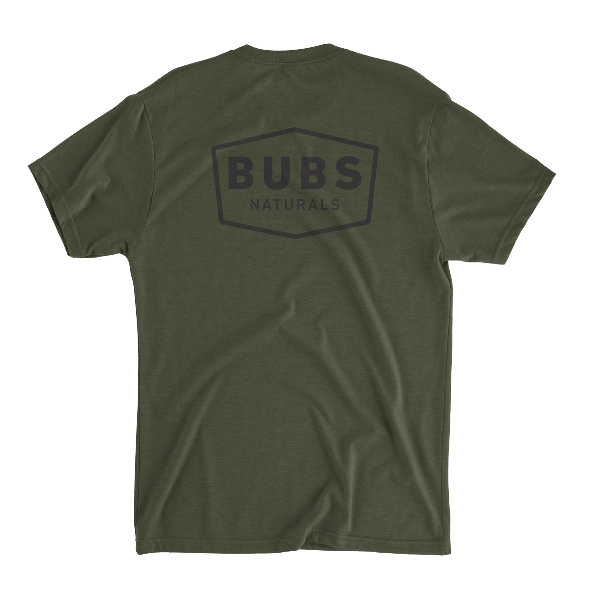 Mens Heathered Green Crew T-Shirt with large BUBS Naturals logo on the back