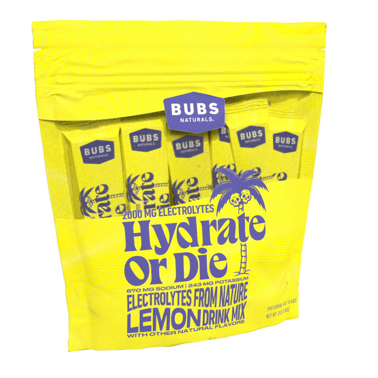 BUBS Naturals Lemon Hydrate or Die 2000mg Electrolyte Sticks, 18 Count Bag, Front Left
