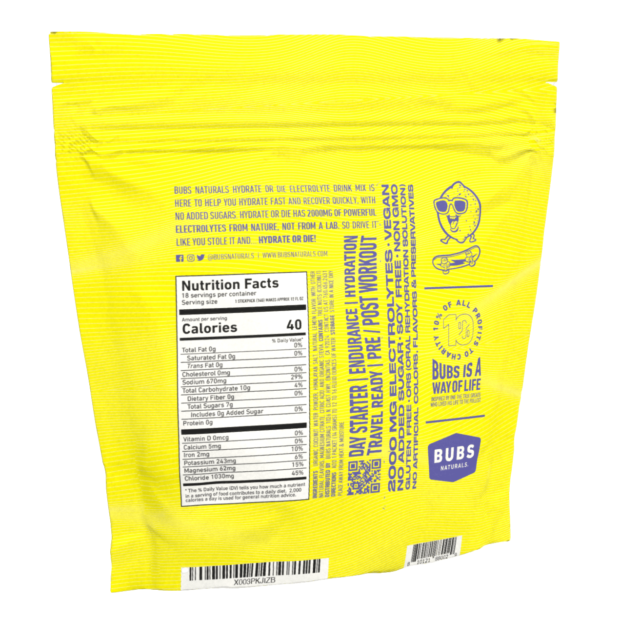 BUBS Naturals Lemon Hydrate or Die 2000mg Electrolyte Sticks, 18 Count Bag, Back Left Nutrition Facts