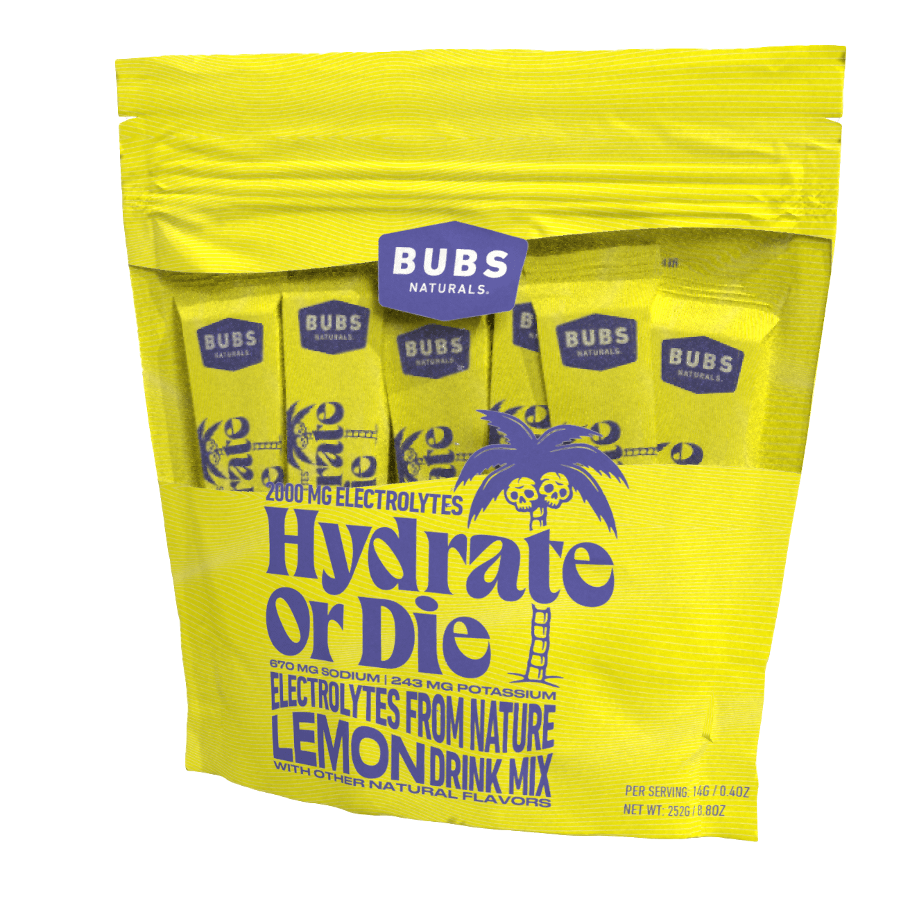 BUBS Naturals Lemon Hydrate or Die 2000mg Electrolyte Sticks, 18 Count Bag, Front Right