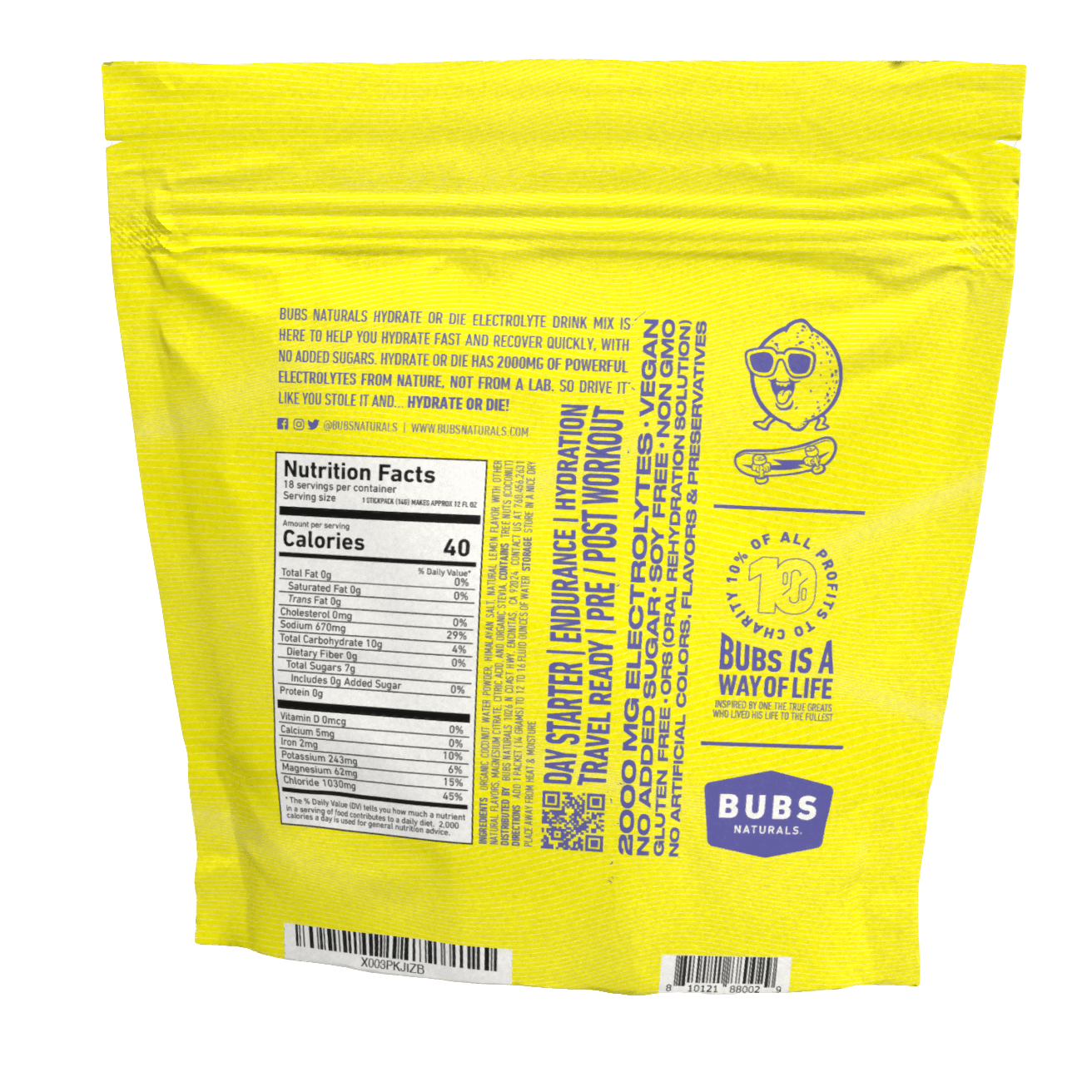 BUBS Naturals Lemon Hydrate or Die 2000mg Electrolyte Sticks, 18 Count Bag, Back Right Nutrition Facts