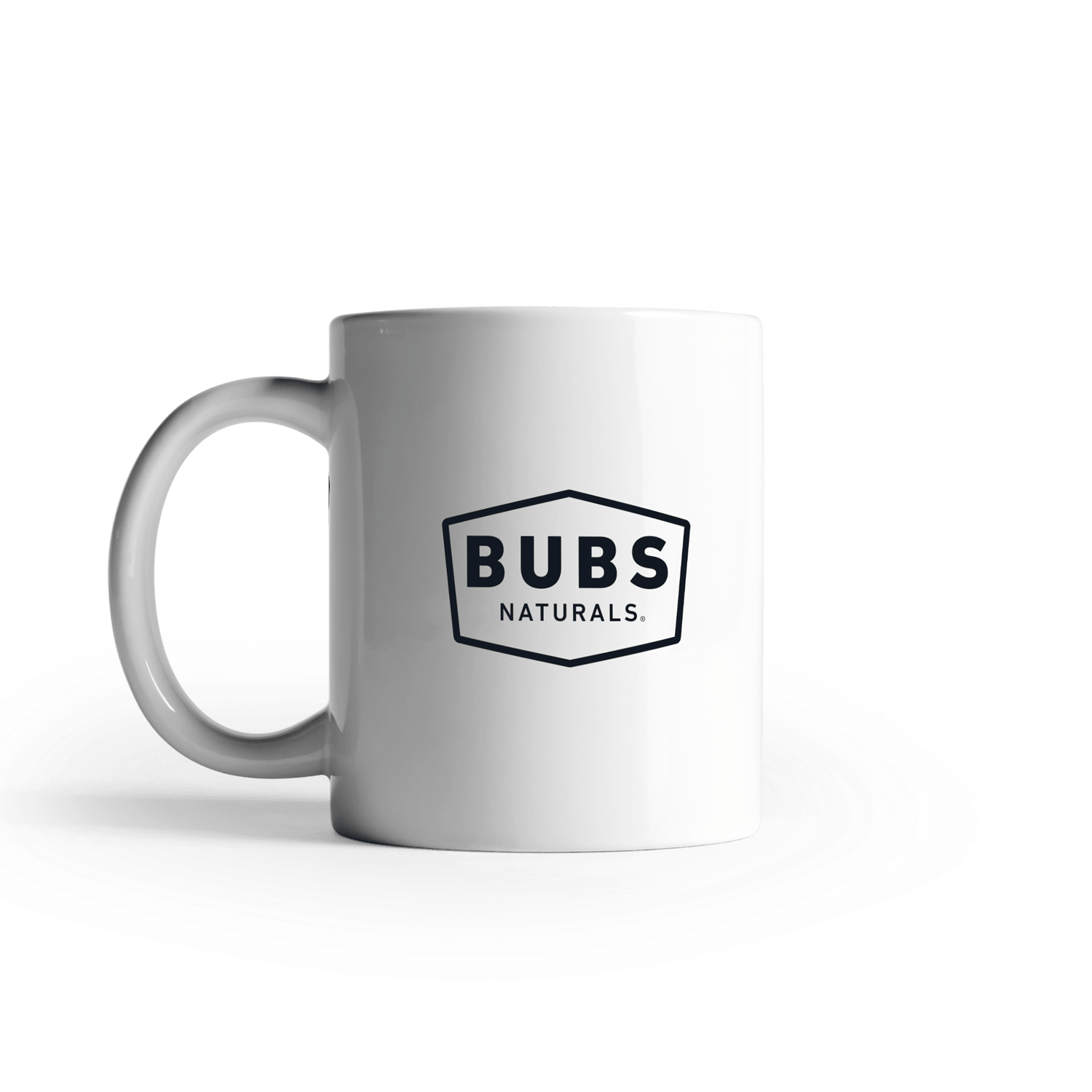 white ceramic diner-style coffe mug with  BUBS Naturals Hexagon Logo on Front