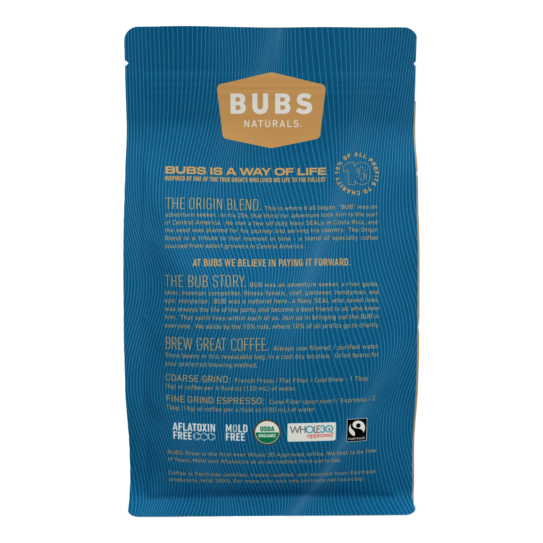 BUBS BREW Origin Blend Specialty Coffee, Dark Roast Whole Bean, Back