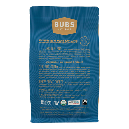 BUBS BREW Origin Blend Specialty Coffee, Dark Roast Whole Bean, Back