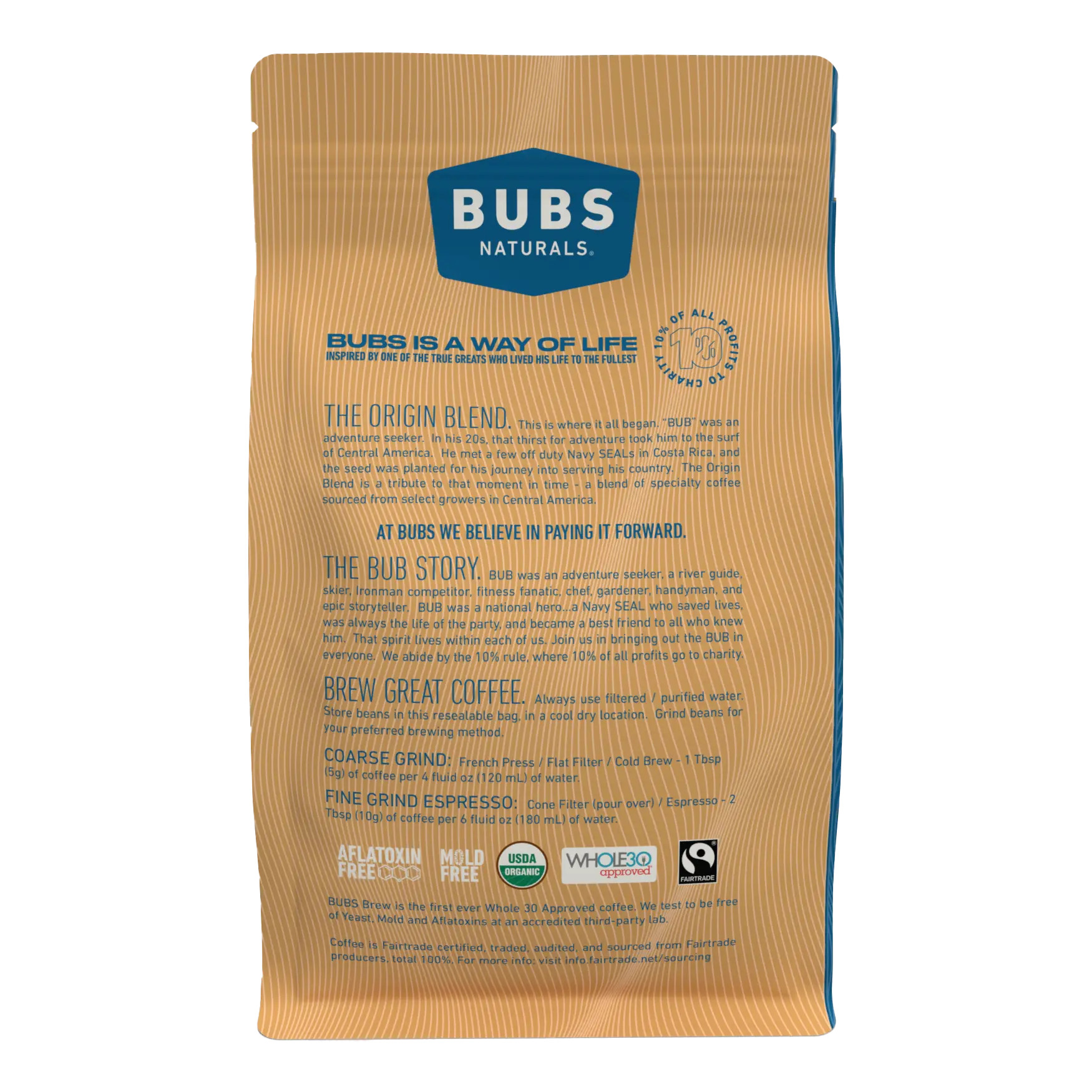 BUBS BREW Origin Blend Specialty Coffee, Medium Roast Ground, Back