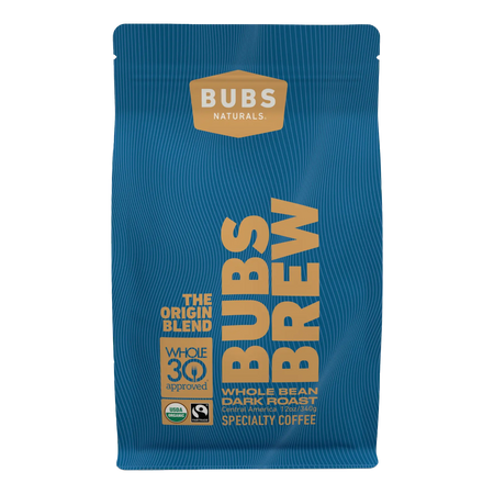 BUBS BREW Origin Blend Specialty Coffee, Dark Roast Whole Bean, Front