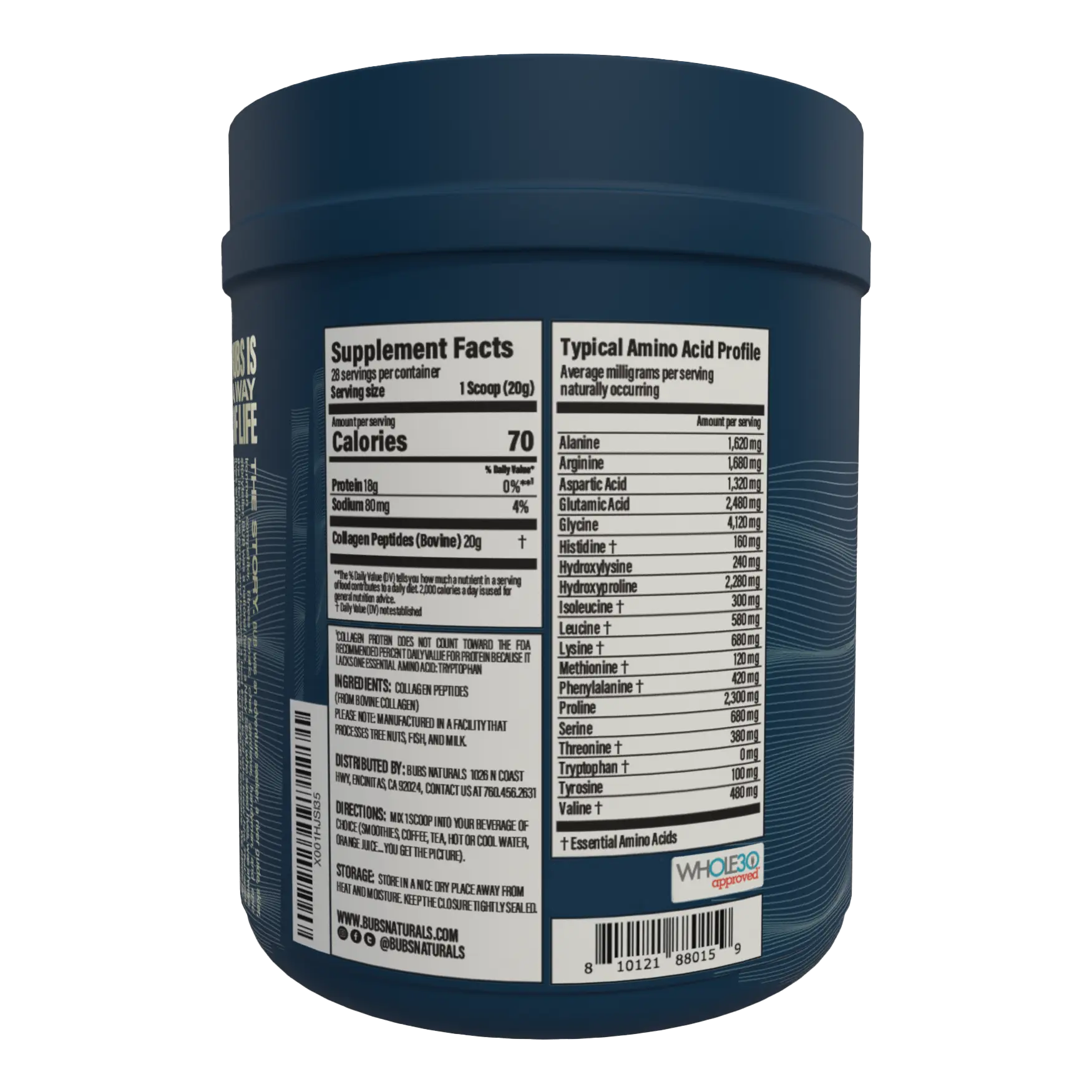Collagen Protein, 20oz CASE PACK (6) BUBS NATURALS, Label View